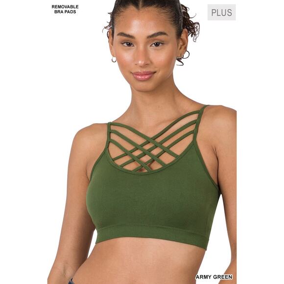 🔥SALE🔥 2X/3X Army Green Triple Criss Cross Bralette + bra pads Zenana wireless - Picture 2 of 15